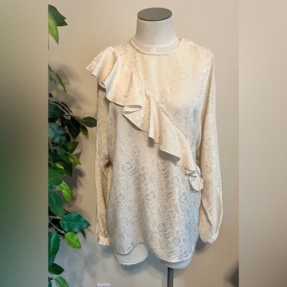 Pierre Cardin Dressy Vintage 80s Silky Satin Floral Ruffle Button Blouse - Picture 1 of 8